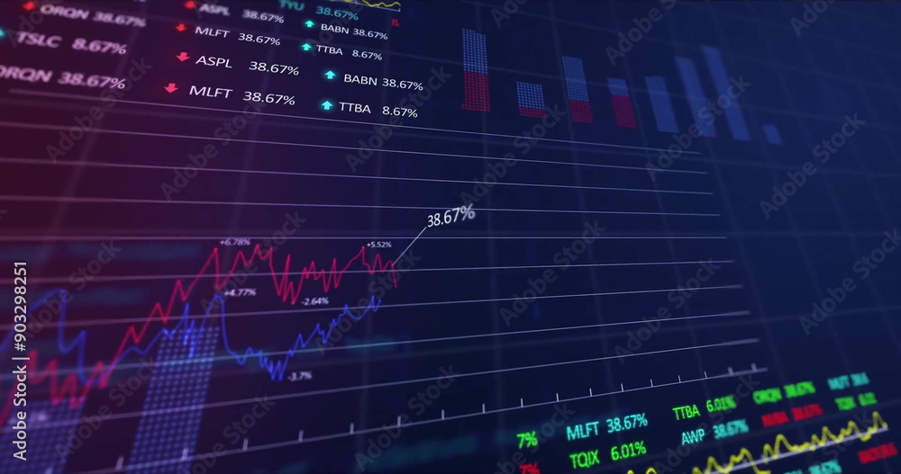 Image of financial data processing over grid on dark background Image of financial data processing over grid on dark background