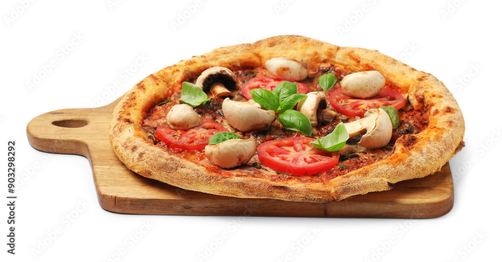 Tasty pizza with basil, mushrooms and tomato isolated on white Tasty pizza with basil, mushrooms and tomato isolated on white