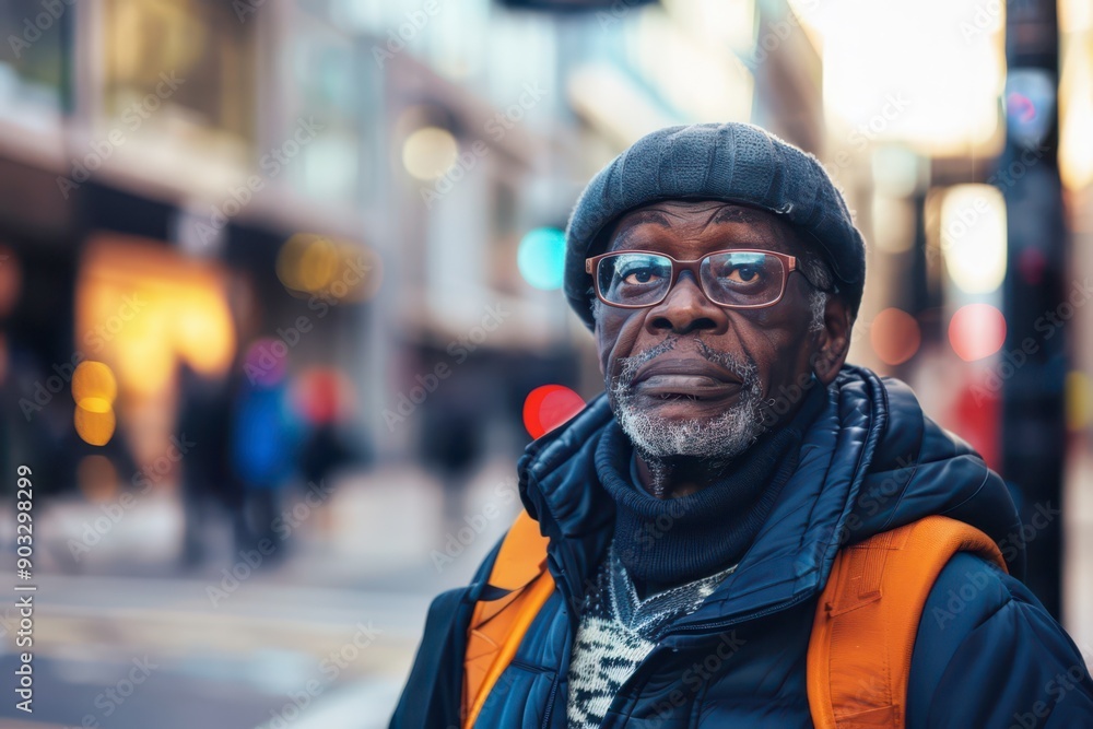Elderly Man With Glasses and Beanie Standing on a Busy City Street During Sunset Elderly Man With Glasses and Beanie Standing on a Busy City Street During Sunset