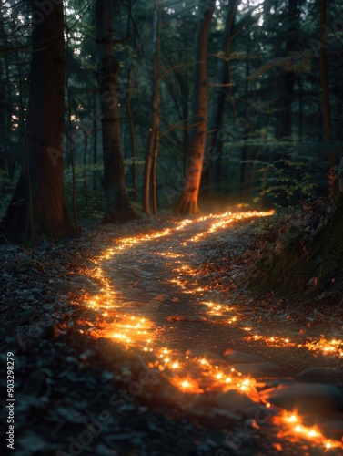 A serene woodland path illuminated by twinkling fairy lights, perfect for a whimsical atmosphere or romantic setting