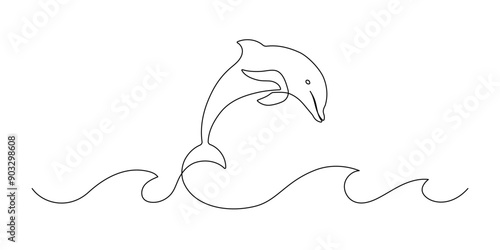 One continuous line drawing of dolphin. Sea animal in wildlife in simple linear style. Summer concept in Editable stroke. Doodle contour vector illustration