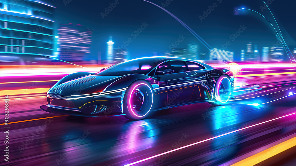 A futuristic electric car with neon lights A futuristic electric car with neon lights