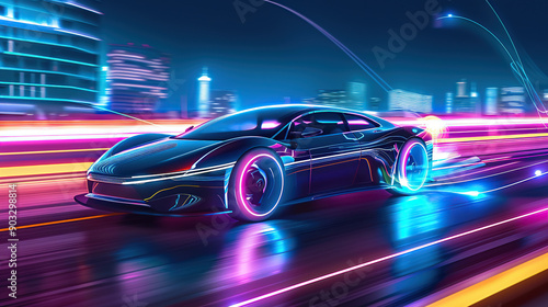 A futuristic electric car with neon lights