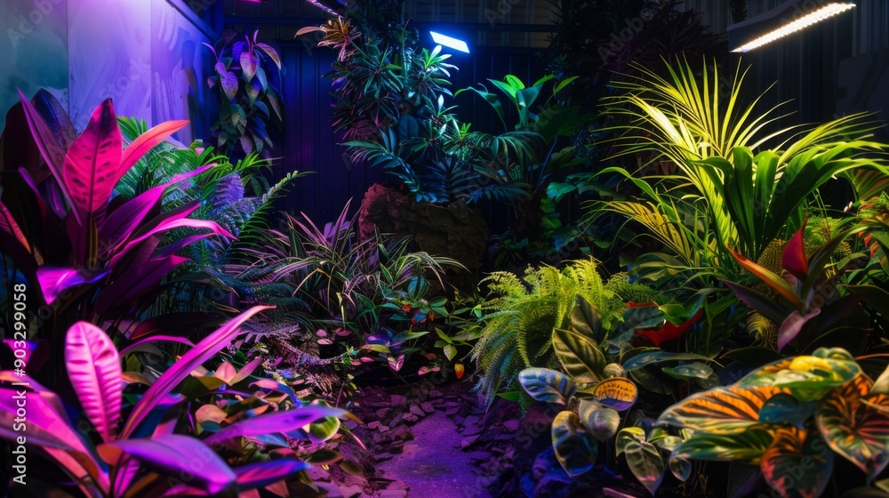A variety of tropical plants are illuminated with vibrant colored lights, creating a visually striking and surreal atmosphere. A variety of tropical plants are illuminated with vibrant colored lights, creating a visually striking and surreal atmosphere.