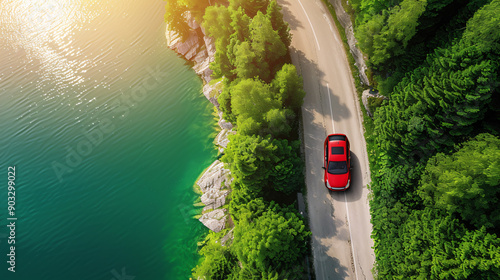 Hybrid car driving on scenic eco-friendly road with copy space photo