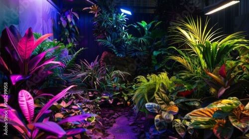 Wallpaper Mural A variety of tropical plants are illuminated with vibrant colored lights, creating a visually striking and surreal atmosphere. Torontodigital.ca