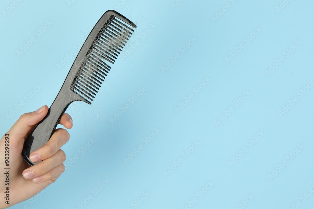 Obraz premium Woman holding comb with lost hair on light blue background, closeup. Space for text