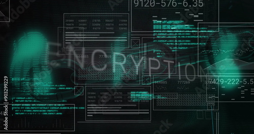 Image of encryption text and chain over data processing on dark interface screens