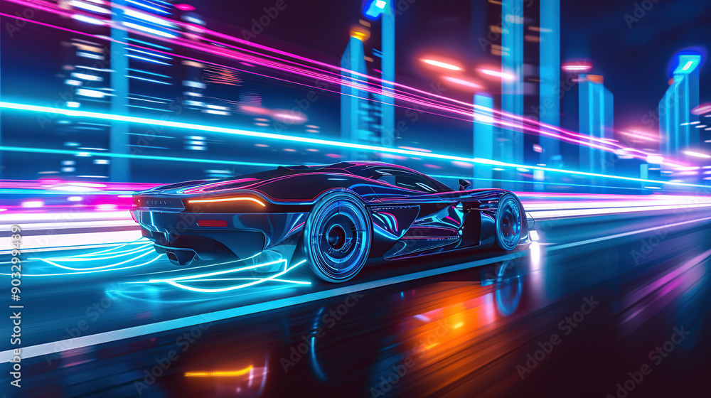 A futuristic electric car with neon lights A futuristic electric car with neon lights