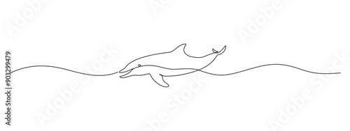 One continuous line drawing of dolphin. Sea animal in wildlife in simple linear style. Summer concept in Editable stroke. Doodle vector illustration