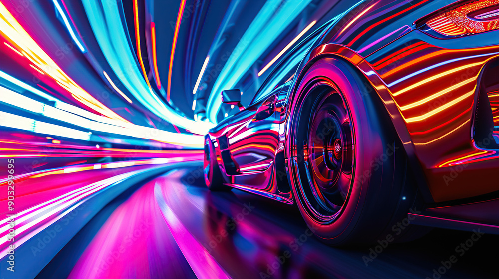 A high-speed race car in motion blur with speed lines at night time on the track A high-speed race car in motion blur with speed lines at night time on the track