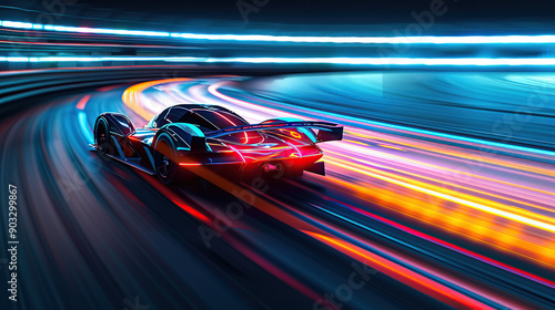 A high-speed race car in motion blur with speed lines at night time on the track