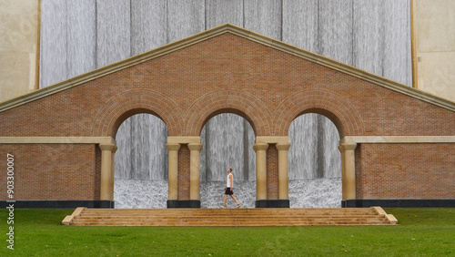 Man at the famous Water Wall in Houston, Texas USA