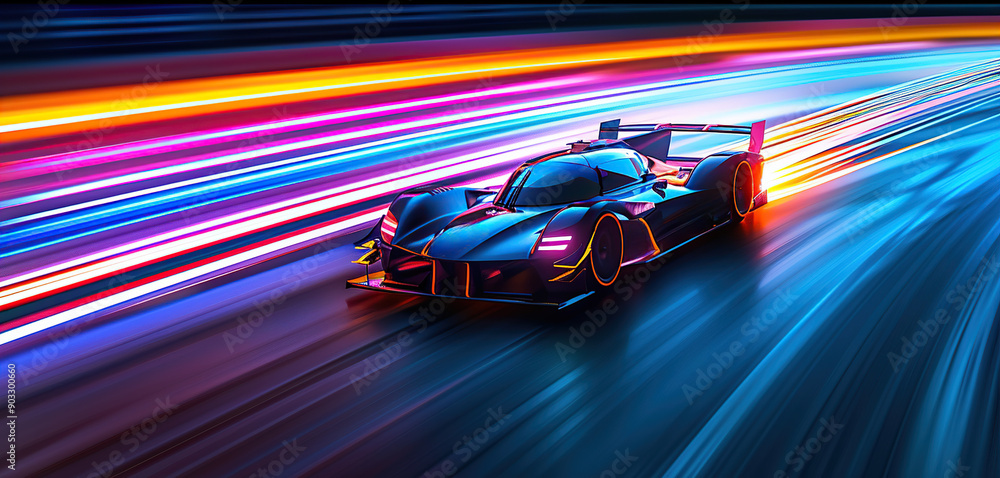 A high-speed race car in motion blur with speed lines at night time on the track A high-speed race car in motion blur with speed lines at night time on the track