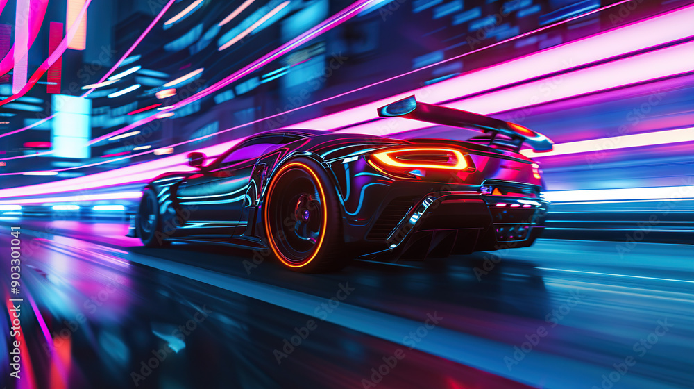 A high-speed race car in motion blur with speed lines at night time on the track A high-speed race car in motion blur with speed lines at night time on the track
