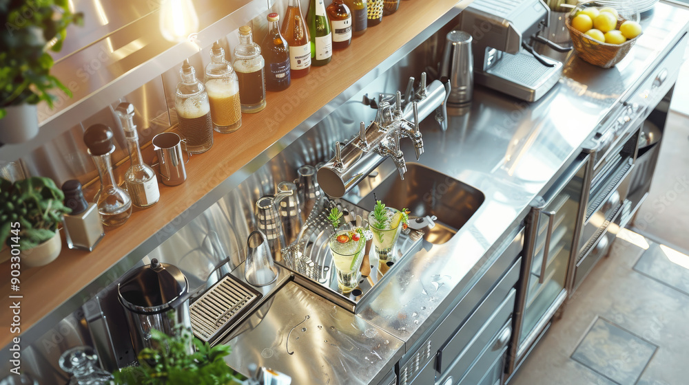 Obraz premium kitchen interior of a commercial restaurant with stainless steel appliances and food processing station, Hot and Cold foods, Pastry and Preparation Station, Sauce and baking preparation unit