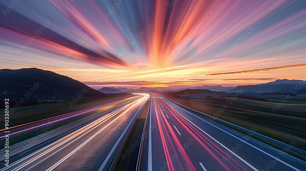 A highway at sunset with long exposure motion blur A highway at sunset with long exposure motion blur