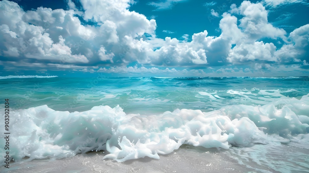 Obraz premium Close-up of blue ocean waves and cloudy sky