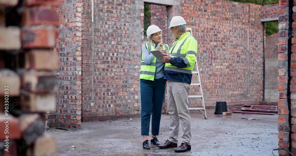 Tablet, research or people planning in construction site for building architecture or engineering inspection. Teamwork, developer or builder with outdoor maintenance tutorial, steps or contractor Tablet, research or people planning in construction site for building architecture or engineering inspection. Teamwork, developer or builder with outdoor maintenance tutorial, steps or contractor