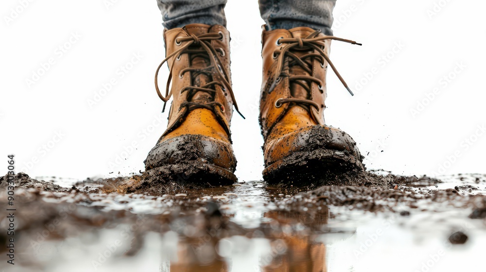 Close-up view of muddy boots standing in wet soil, showcasing rugged footwear ready for outdoor adventures. Close-up view of muddy boots standing in wet soil, showcasing rugged footwear ready for outdoor adventures.