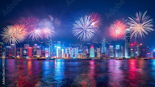 Panoramic view of Hong Kong fireworks show