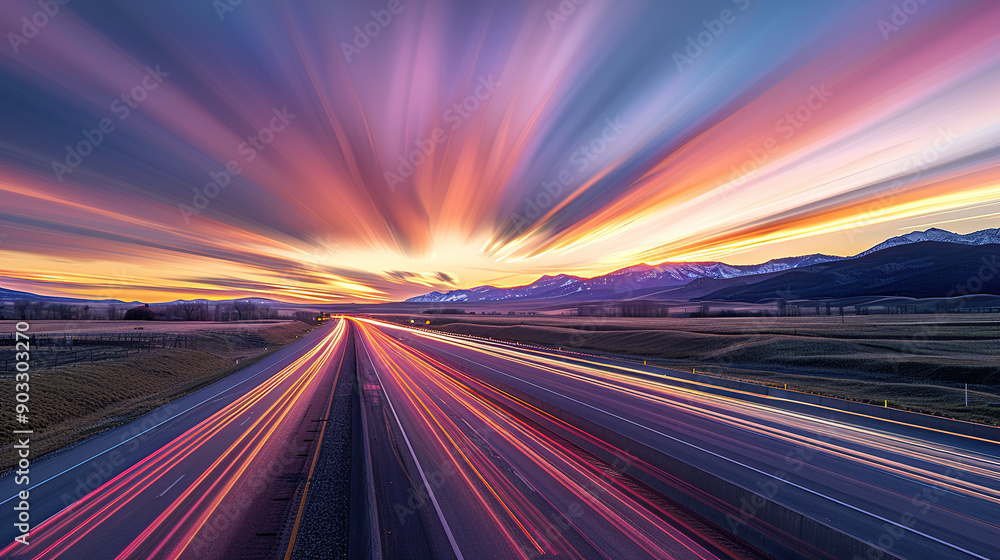 A highway at sunset with long exposure motion blur A highway at sunset with long exposure motion blur