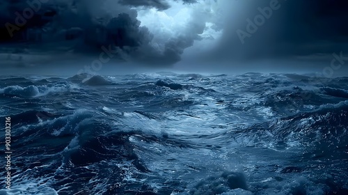 Rough blue ocean under dark sky