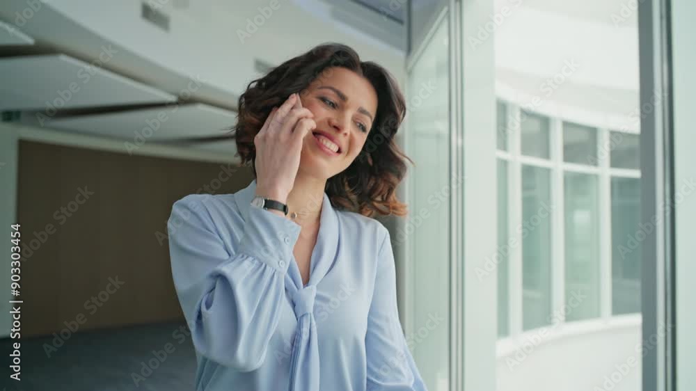 Confident lady boss calling cellphone walking company hall closeup. Smiling ceo Confident lady boss calling cellphone walking company hall closeup. Smiling ceo