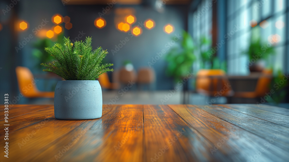 Green Plant in Pot on Wooden Table in Cafe Green Plant in Pot on Wooden Table in Cafe