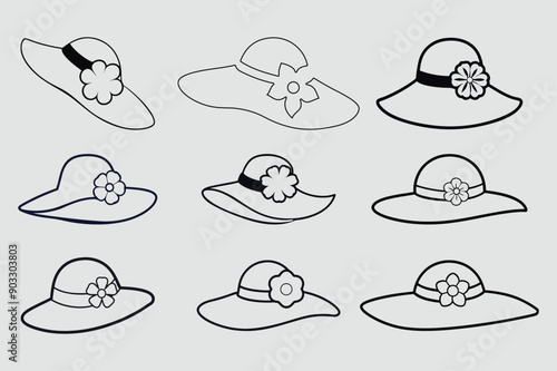 Set of Woman Hats - Doodle Icons in Black and White