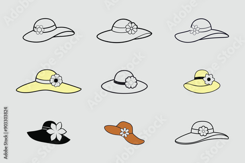 Set of Woman Hats - Doodle Icons in Black and White