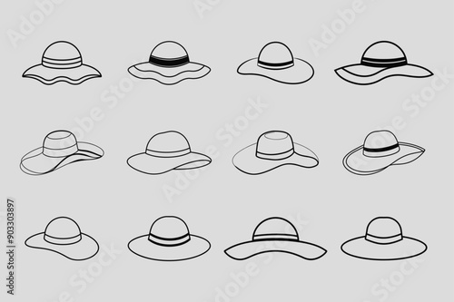 Set of Woman Hats - Doodle Icons in Black and White