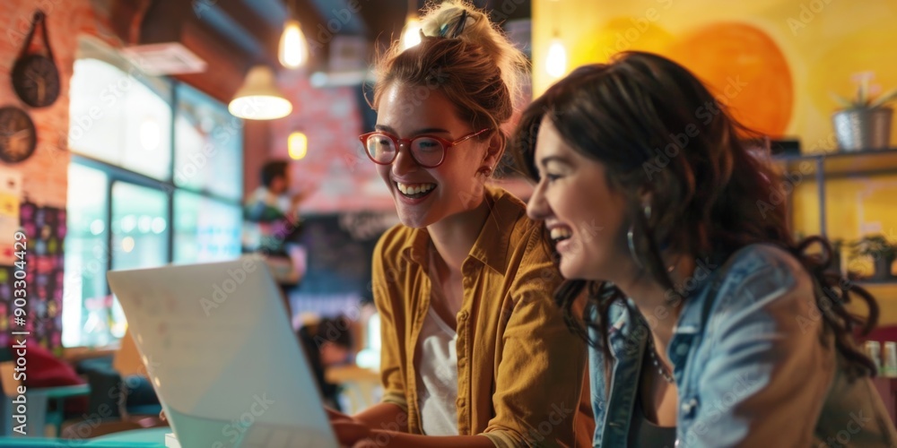 Two women seated at a desk working on a laptop, possibly collaborating or doing separate tasks Two women seated at a desk working on a laptop, possibly collaborating or doing separate tasks