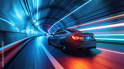 Fototapeta Naklejka Na Ścianę i Meble -  A modern car driving through an underground tunnel with blue and red lights