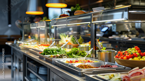 a commercial kitchen interior in a restaurant with stainless steel appliances and food processing station, Hot and Cold foods, Pastry and Preparation Station, Sauce and baking preparation unit 