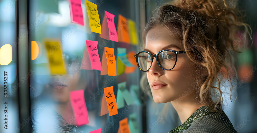 A woman wearing glasses looks at a wall covered in colorful sticky notes A woman wearing glasses looks at a wall covered in colorful sticky notes