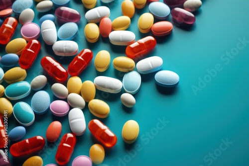 A Kaleidoscope of Medications: Various Colorful Pills and Capsules on a Blue Background