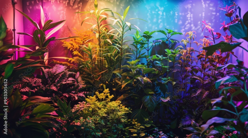A variety of plants grow in a greenhouse under colorful lighting, casting a vibrant glow. A variety of plants grow in a greenhouse under colorful lighting, casting a vibrant glow.