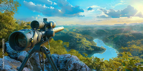 Marksman's Mastery: A sharp-looking scope, mounted on a tripod, overlooks a serene landscape.
