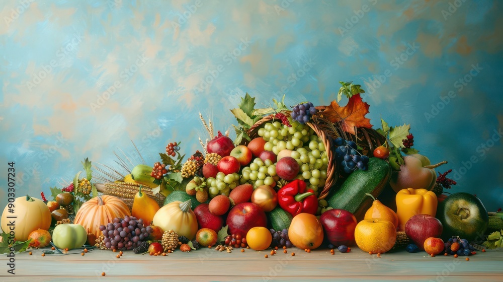 An artistic representation of a Thanksgiving cornucopia filled with an abundance of fruits, vegetables, and grains, symbolizing the harvest and gratitude An artistic representation of a Thanksgiving cornucopia filled with an abundance of fruits, vegetables, and grains, symbolizing the harvest and gratitude