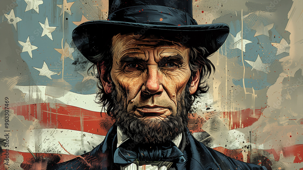 Illustration of Abraham Lincoln with Iconic Beard and Top Hat, American