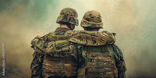 Bond of Brotherhood: Two soldiers, arms around each other's shoulders, gazing into the distance.