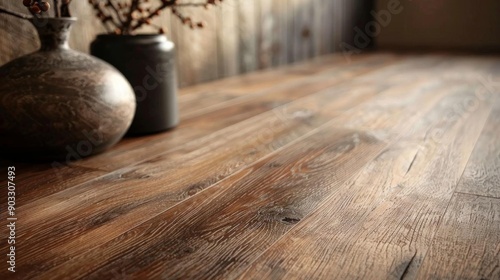 Rustic wooden table top with two pottery vases.
