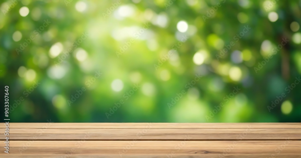 Wood table top on bokeh Green background Wood table top on bokeh Green background