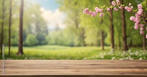 Wooden table and spring forest background  