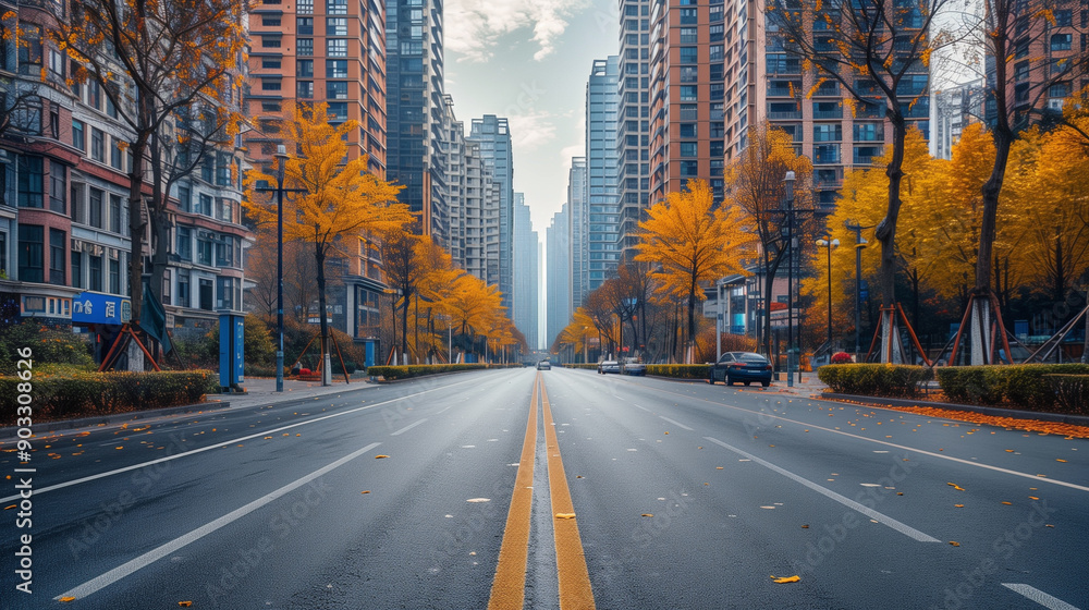 Wide Empty Urban Street with Tall Modern Buildings and Clear Sky for Text Overlay Wide Empty Urban Street with Tall Modern Buildings and Clear Sky for Text Overlay