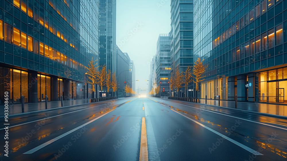 Fototapeta premium Wide Empty Urban Street with Tall Modern Buildings and Clear Sky for Text Overlay