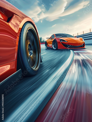 A car is driving on the road, with motion blur and high speed photography style
