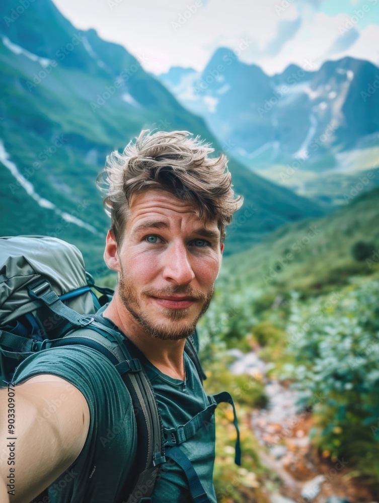 A person capturing a moment on their camera phone while wearing a backpack, suitable for travel or outdoor adventure themes A person capturing a moment on their camera phone while wearing a backpack, suitable for travel or outdoor adventure themes