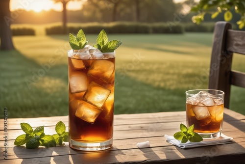 The refreshing drinks a glass of lemonade with mint served cold and inviting photo